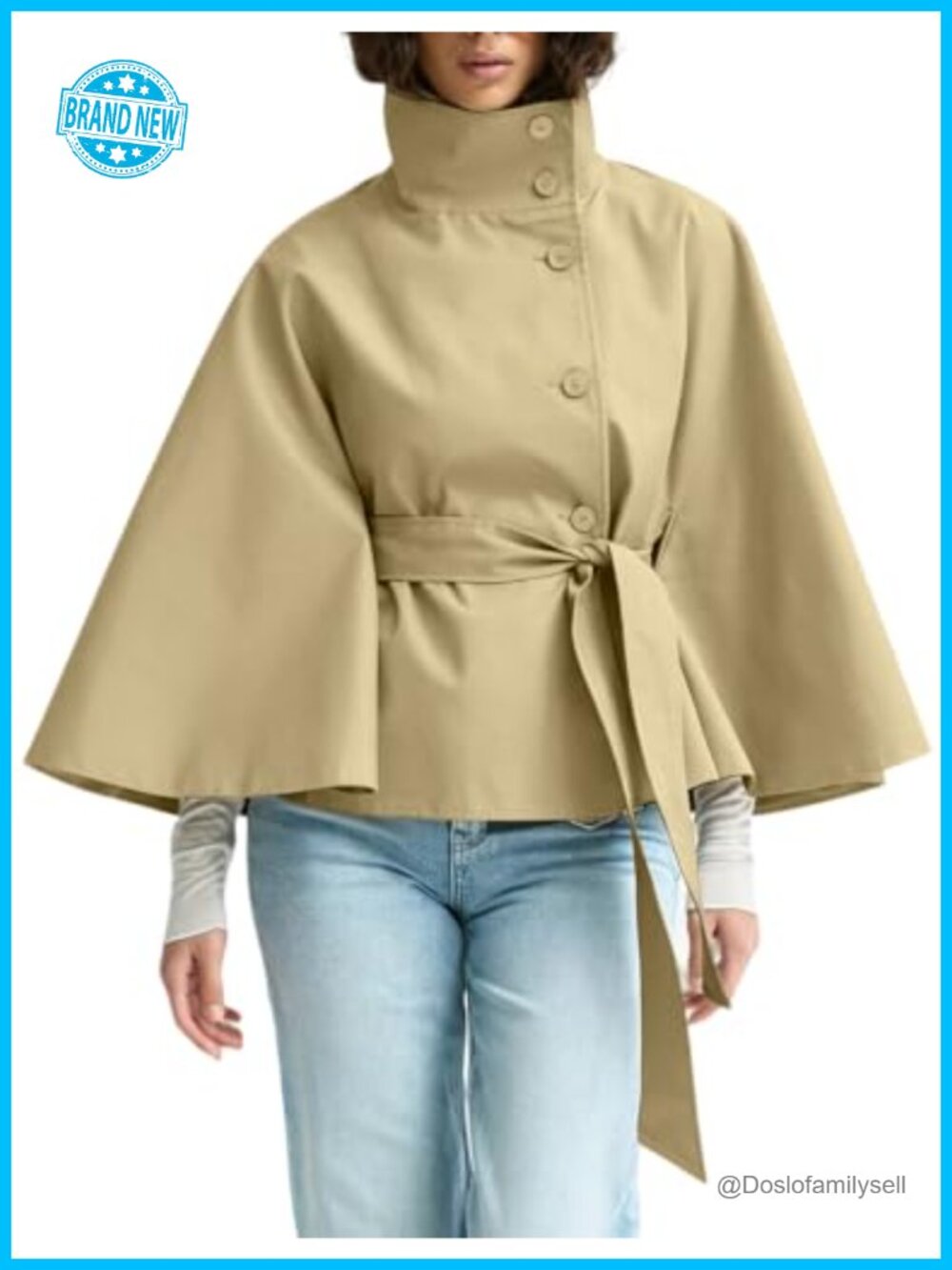 Cropped Trench Coat Batwing Sleeve Cape Jacket with Belt